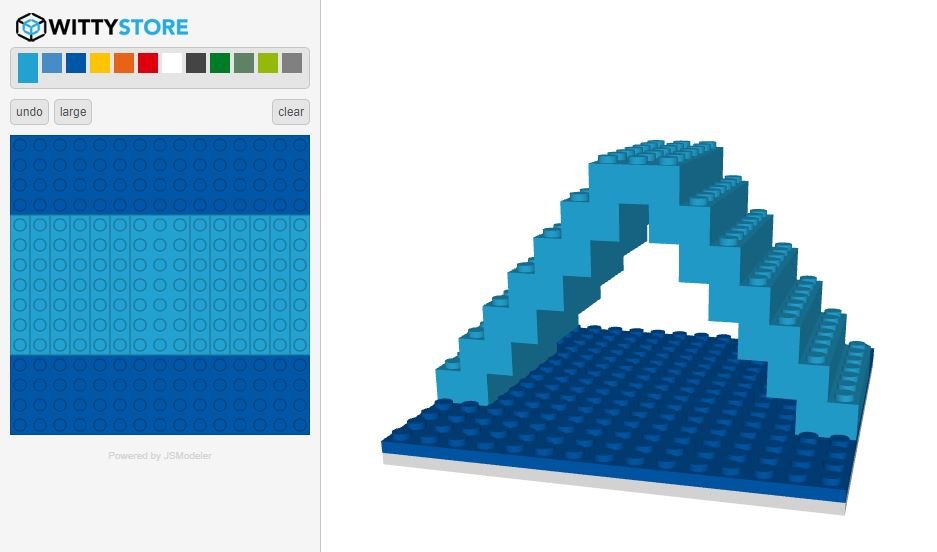 3d bridge with stairs made with large lego bricks. Blue and cyan colours.